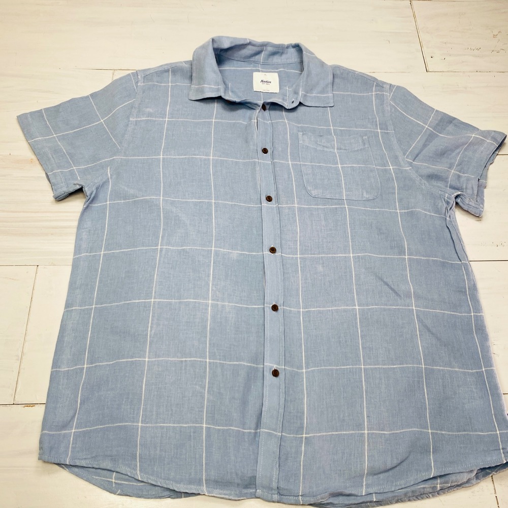 Katin Shirt Mens XL Blue Windowpane Cotton Linen Short Sleeve Button Down Surf